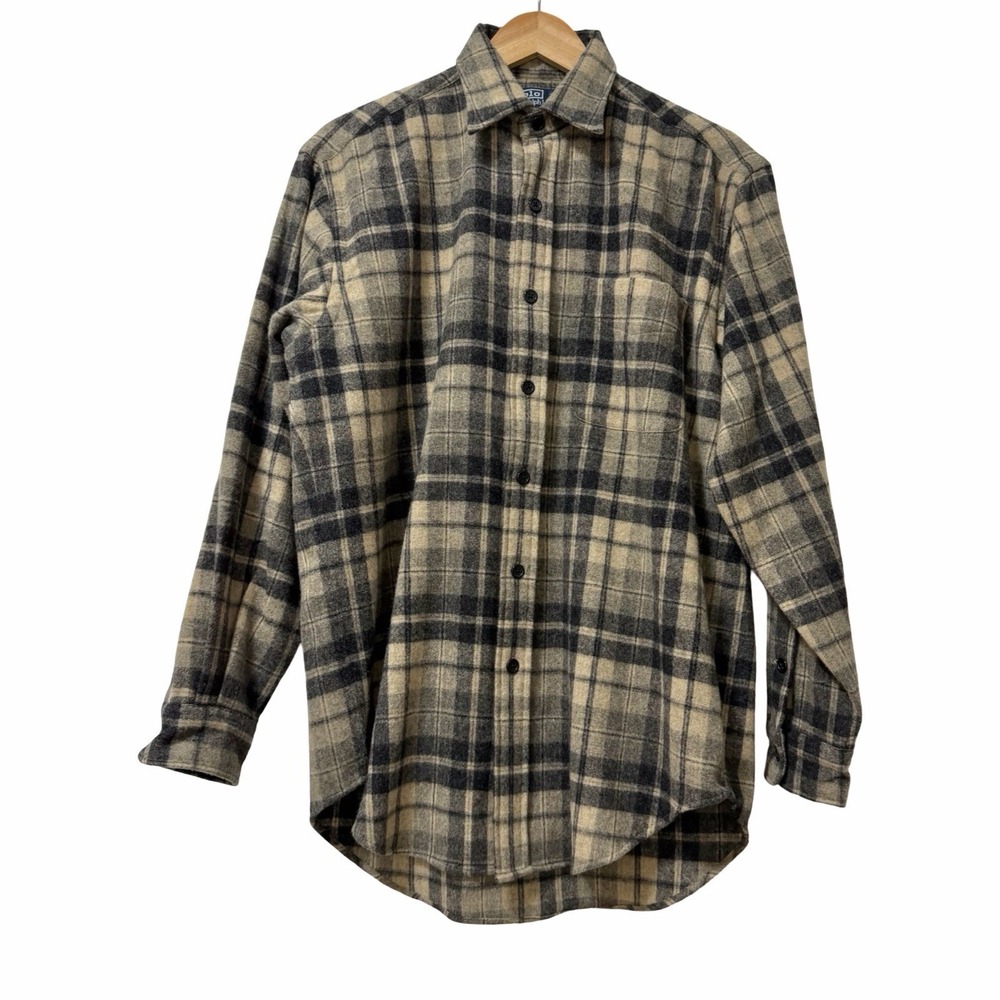 Polo Ralph Lauren Lowell Lambs Wool Flannel Button Up Shirt Mens Small Black Tan